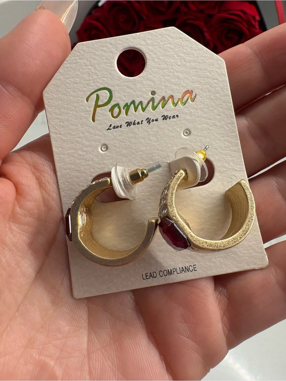 Pomina Gold-Tone Earrings with Deep Red Stones